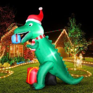 🆕7FT Christmas Inflatable Giant Dinosaur Holding Gift Boxes Outdoor Decoration
